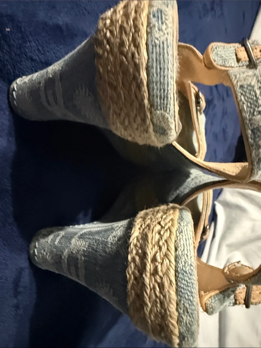 UGG Light Blue Denim Espadrille Wedge Slingbacks with Tan Trim